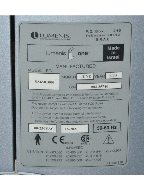 2005 Lumenis Lume1 IPL LumeOne Lume One Hair Removal Skin Veins w/IPL Handpiece