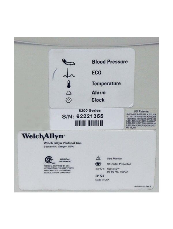 WELCH ALLYN Patient Vital Sign Monitor Series 6200 w/Blood Pressure Cuff