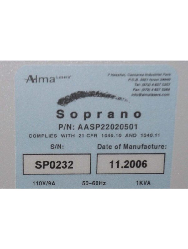 2006 Alma Soprano XL 810nm Diode IPL Hair Removal Laser System SHR Handpiece