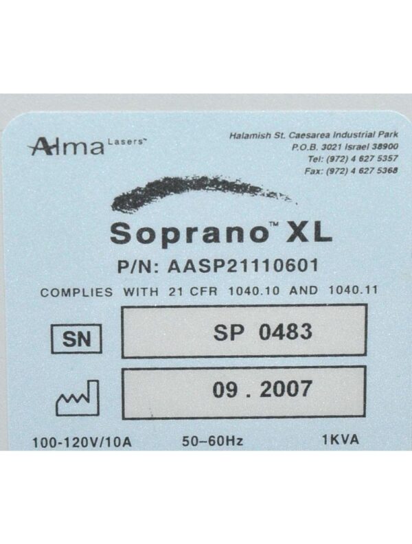 2007 Alma Soprano XL Diode 810nm Handpiece Laser Hair Removal System