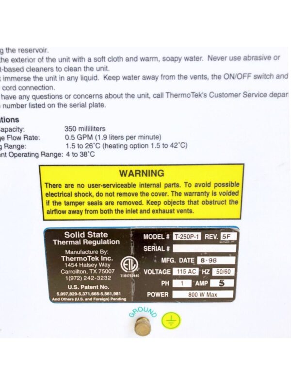 ThermoTek T-250P-1 Solid State Temperature Regulation Control Laser Chiller