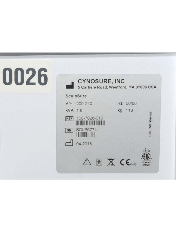 2016 Cynosure SculpSure Diode Laser 1060nm Fat Reduction Body Contour Lipolysis