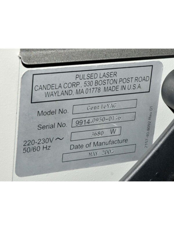 2004 Candela GentleYAG 80J Nd:YAG 1046 Laser Hair Removal Vascular System