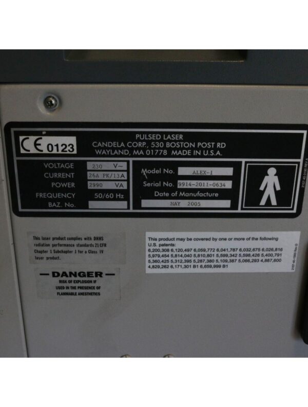 2005 Candela Alex-1 755nm Alexandrite Laser Hair Removal System + 3/4mm Fiber